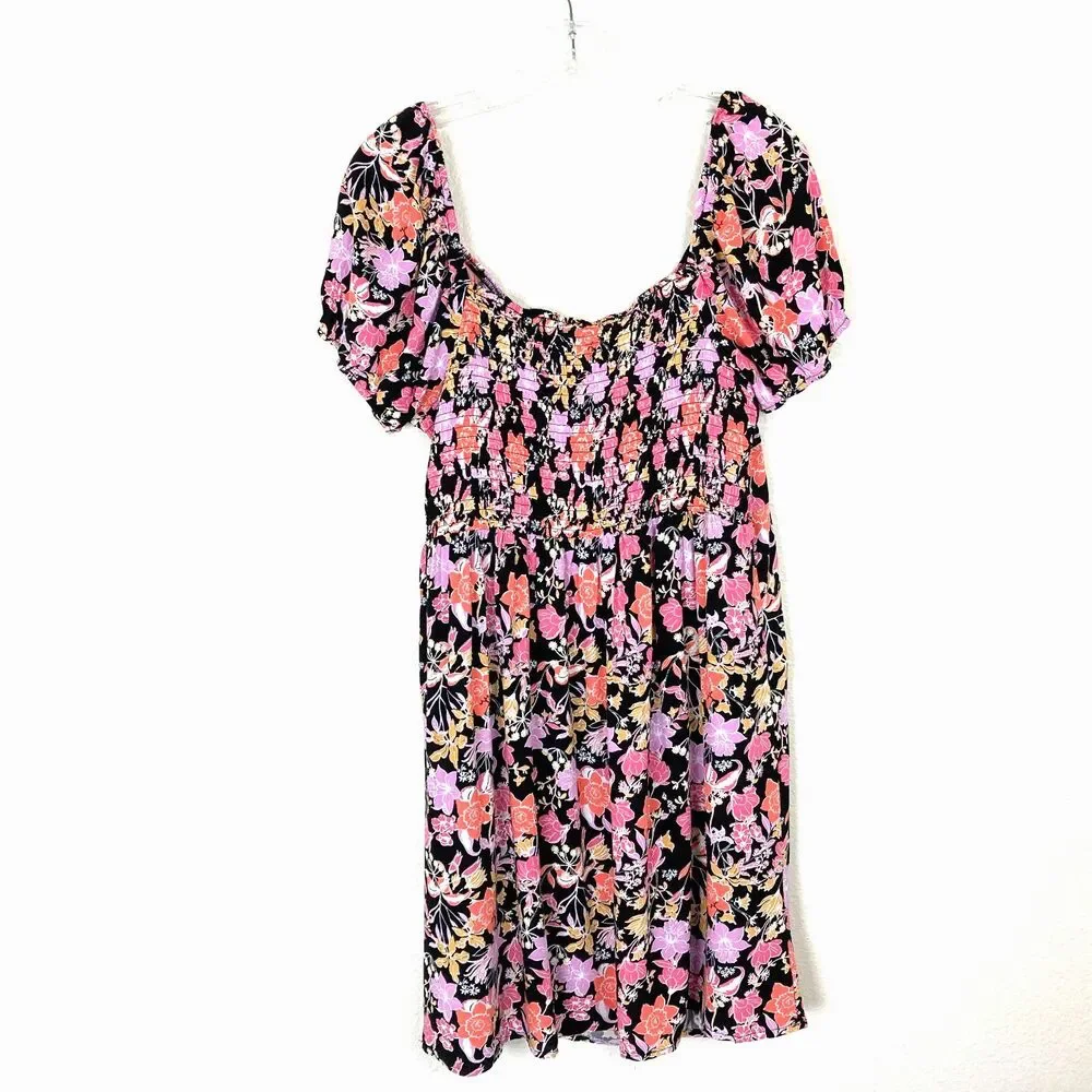 Rewind NWT A-Line Mini Dress Juniors Size XL Smocked Back Puff Sleeve Tie Neck